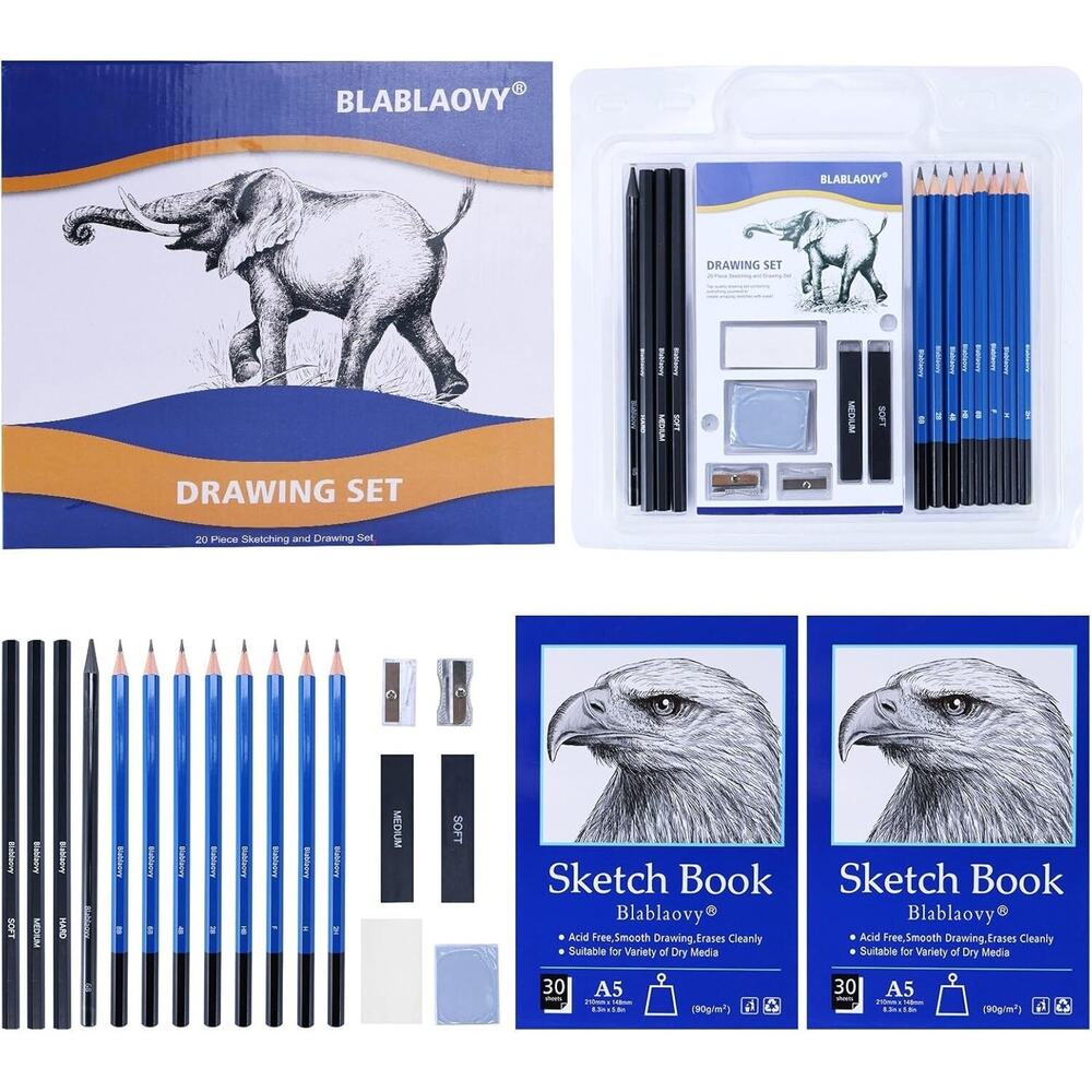 Drawing Set‎ with 2 Sketch Books, Graphite Charcoal Pencils for Sketching